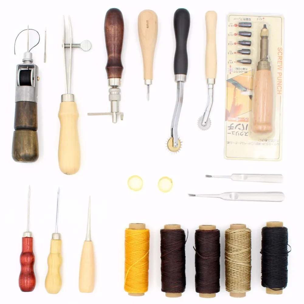 Leather Craft Hand stitched Sewing Tool Diamond Round Set and Including Awl Needle Hole Punch Edge Waxed Thread Kit|Наборы ручных