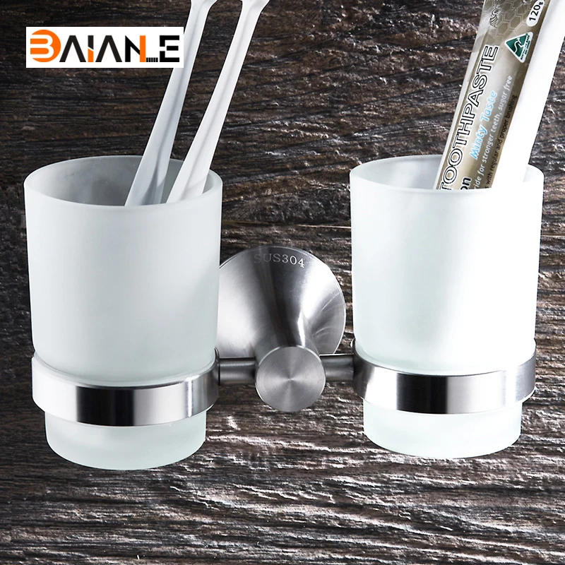 

Stainless Steel Brushed Cup Holders glass cups Bathroom Accessories Double Toothbrush Tooth cup holder