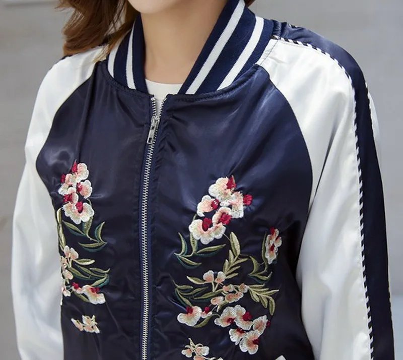 Women Bomber Jacket 2019 Casual Systemic Flowers Embroidered Flight Jackets Female Spring Autumn Basic Coats Black Pink Blue | Женская