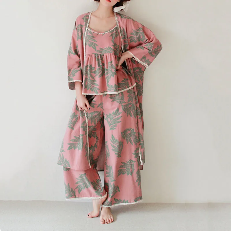 Pink Женские пижамы, одежда для сна, комплекты из трех предметов, хлопковая одежда для отдыха, цветочный халат+ топ на бретельках+ штаны, пижамные комплекты, Женская домашняя одежда для отдыха - Цвет: Pink