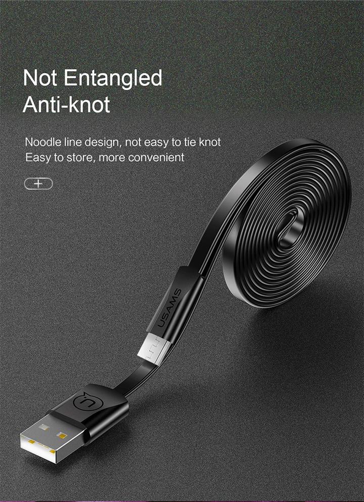 USAMS Micro USB кабель 1,2 м 2 м плоский для Xiaomi Redmi Note Быстрая зарядка USB ЗУ для мобильного телефона кабель для передачи данных для samsung S7 S6 S5