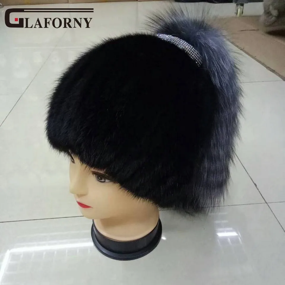 Glaforny,, норковый мех, женские шапочки, Роскошные, лисий хвост, бриллиант, модные, зимние, брендовые, новые, высокое качество, женская шапка, шапки, шапки - Цвет: black silver tails