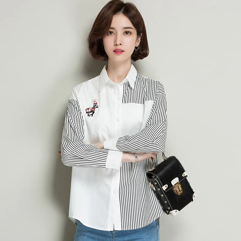 Женская хлопковая рубашка в полоску с вышивкой|Рубашки| |