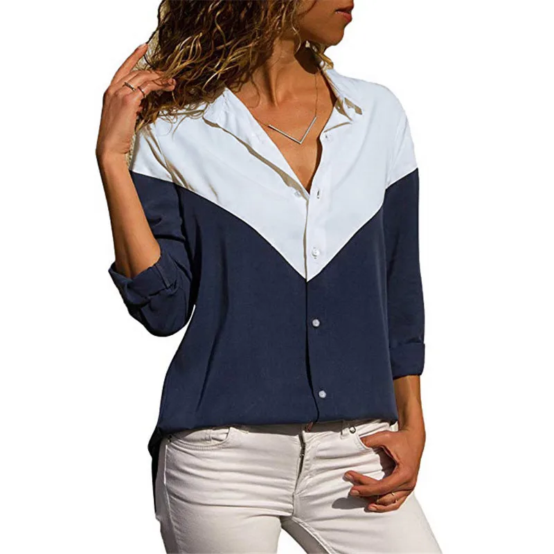 2019 Модные женские блузки с длинным рукавом и отложным воротником шифоновая