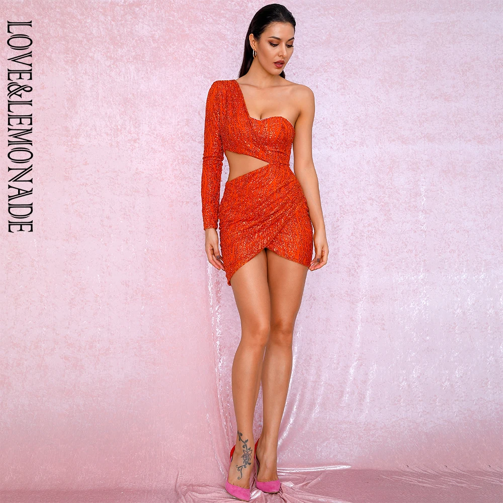 Женское вечернее платье LOVE & LEMONADE оранжевое облегающее с вырезами одним рукавом и