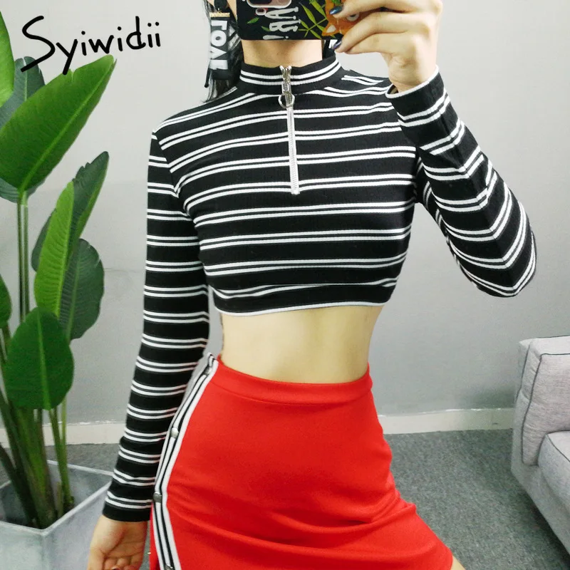 Crop Sweater Short Sweaters Fashion 2019 Women Black White Striped Long Sleeve Womens Zipper Turtleneck Plus Size S-XL | Женская одежда