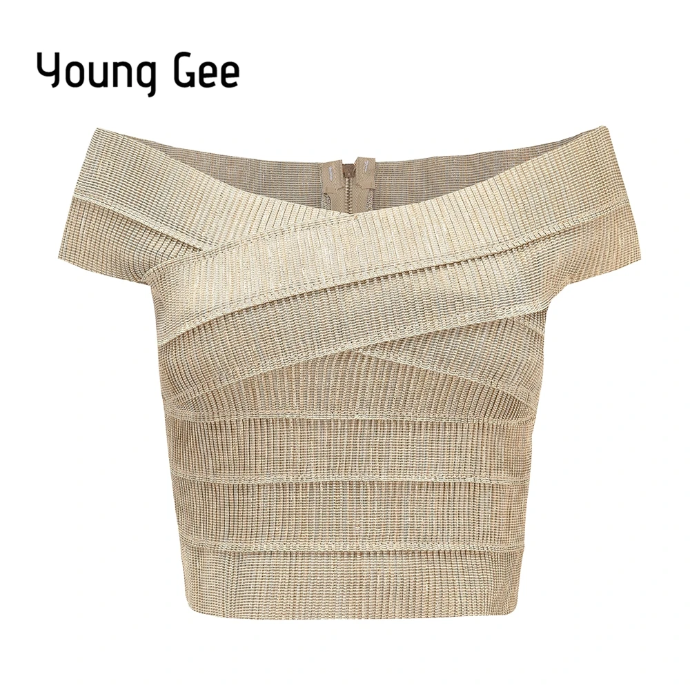 

Young Gee Gold Black V-neck Off Shoulder Women Bandage Crop Top Sexy Bodycon Tank Tops Summer Cropped Fitness Streetwear blusas