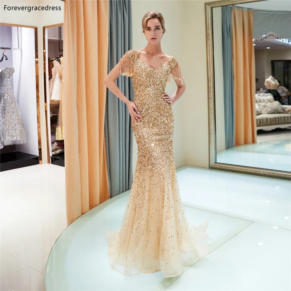 Платья для выпускного вечера Forevergracedress с открытыми плечами золотистого цвета