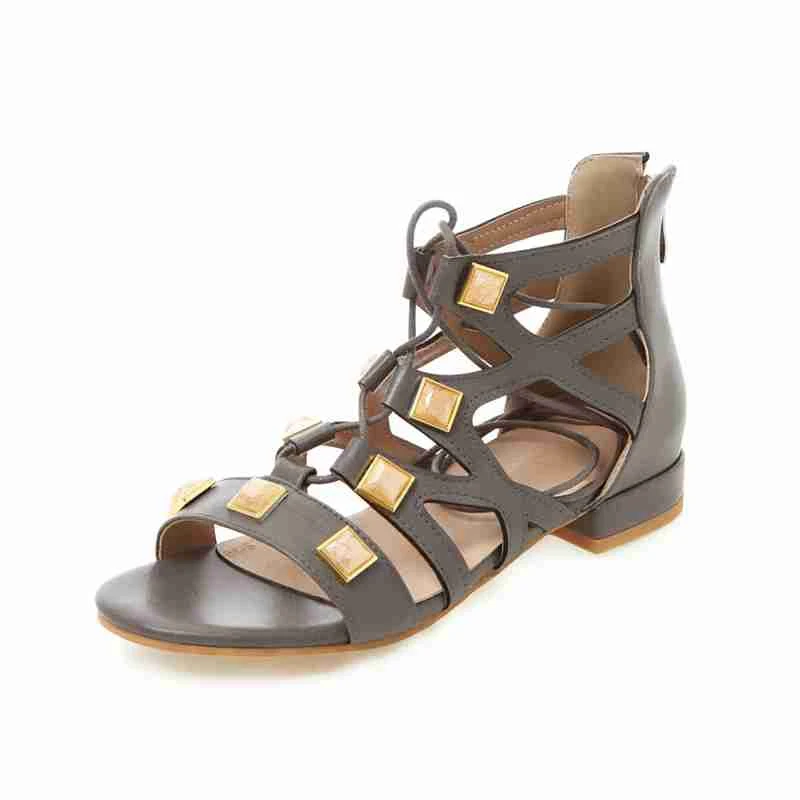 FAMSO 2019 New Women Sandals Black Brown gray Cross-Strap Lace-up Flats Heels Summer Rivets Lady Casual Shoes | Обувь