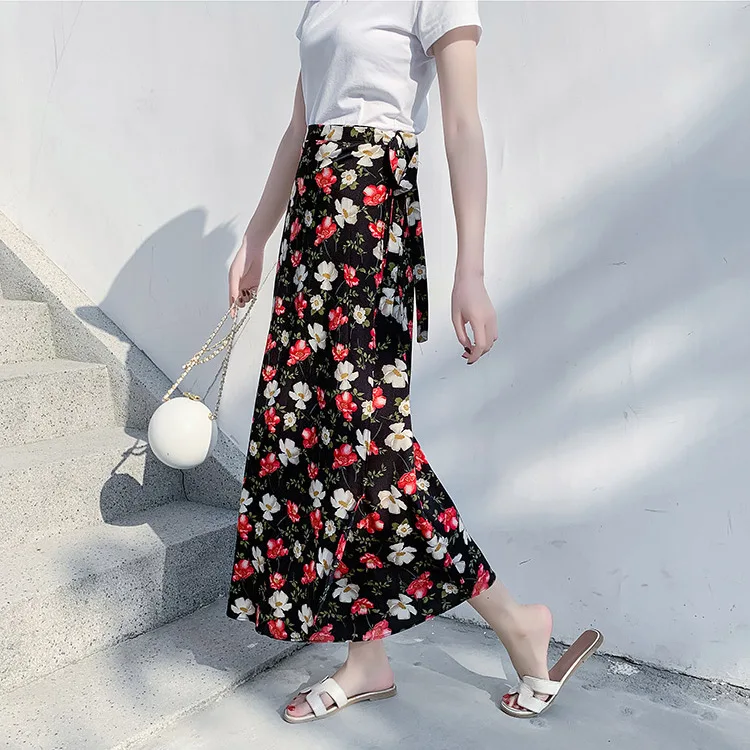 Black red flower Пляжная юбка с запахом, Длинная женская летняя юбка в богемном стиле с цветочным рисунком, Женская богемная юбка на шнуровке, высокая талия, макси юбки для женщин, длинная юбка - Цвет: Black red flower