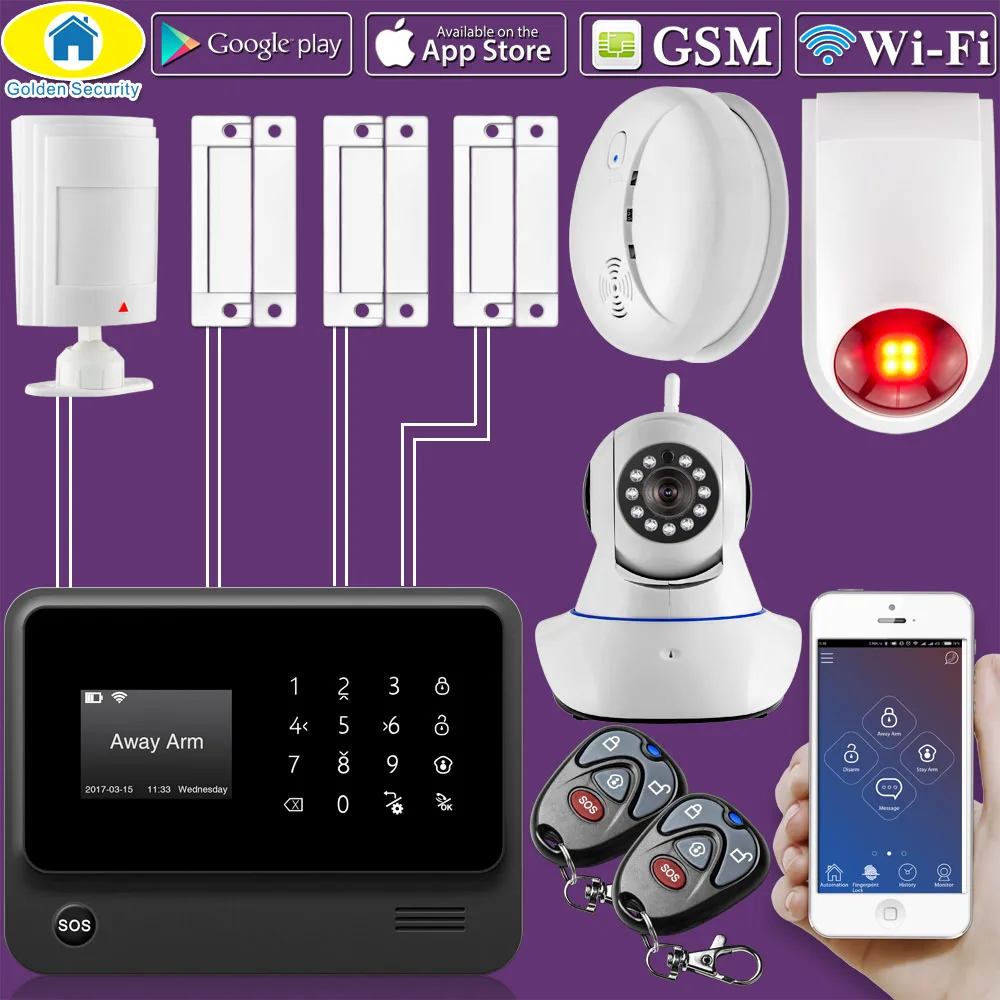 Золотой безопасности G90B Plus WiFi GSM 2G домашняя система охранной сигнализации беспроводной проводной зоны датчик движения с водонепроницаемой стробоскоп сирена