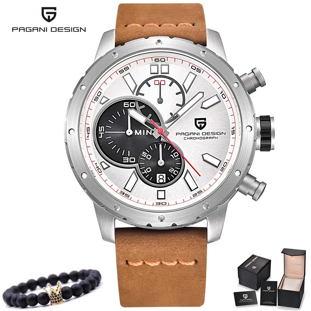 brown silver white l PAGANI дизайнерские Роскошные Брендовые мужские часы с хронографом водонепроницаемые спортивные кварцевые наручные часы мужские кожаные военные часы мужские часы - Цвет: brown silver white l