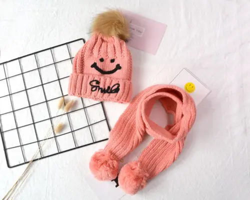 Pink Модные теплые зимние комплекты из 2 предметов: шапка и шарф для девочек, вязаная шапка и шарф, унисекс, шапка и шарф, комплект для малышей - Цвет: Pink
