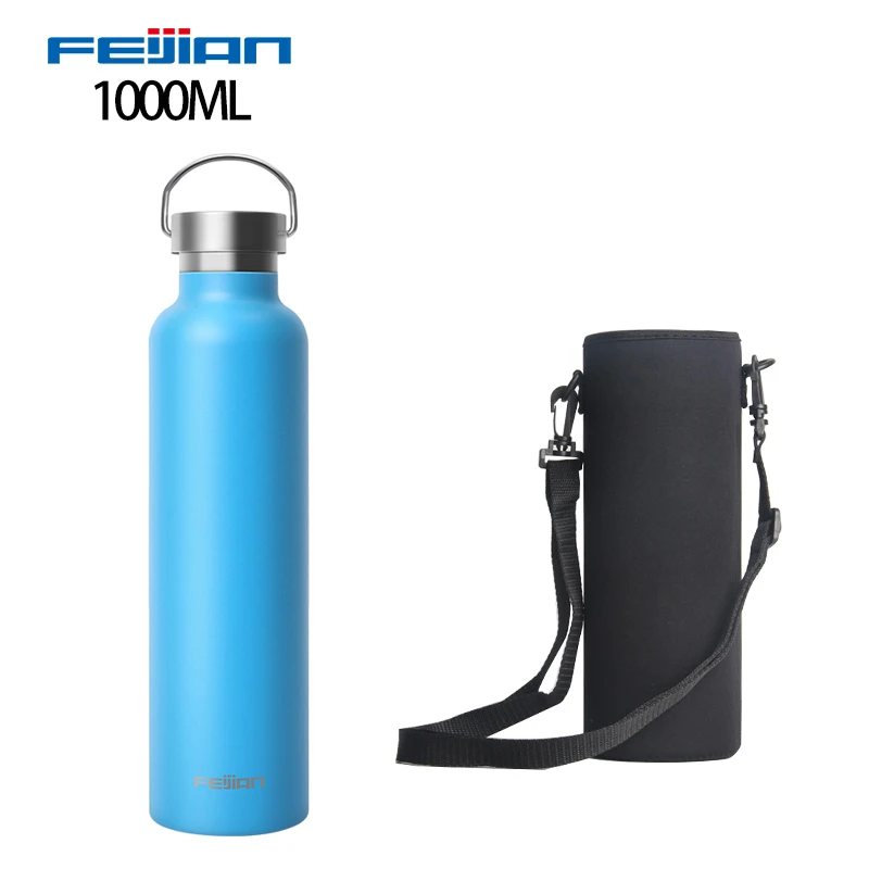 bottle with sleeve FEIJIAN Спортивная бутылка для воды из нержавеющей стали с двойными стенками, вакуумная изоляционная герметичная для путешествий, велоспорта, пеших прогулок, кемпинга - Цвет: bottle with sleeve