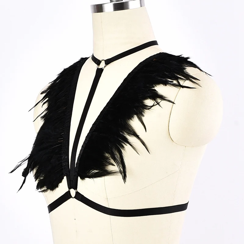 Женский бюстгальтер из черного пера Goth с отверстиями ремешком для тела