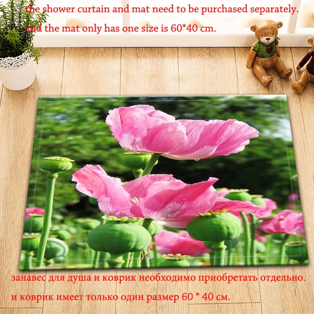 LB Waterproof 3d Pink Poppy Flower Shower Curtain And Bath Mat Liner Plant Polyester Bathroom Curtains Fabric for Bathtub Decor | Дом и сад