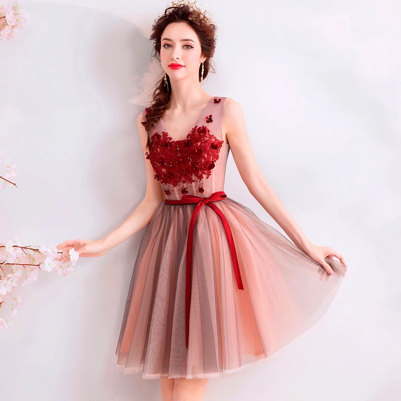 Женское короткое коктейльное платье Ever Pretty розовое мини с красным кристаллом для