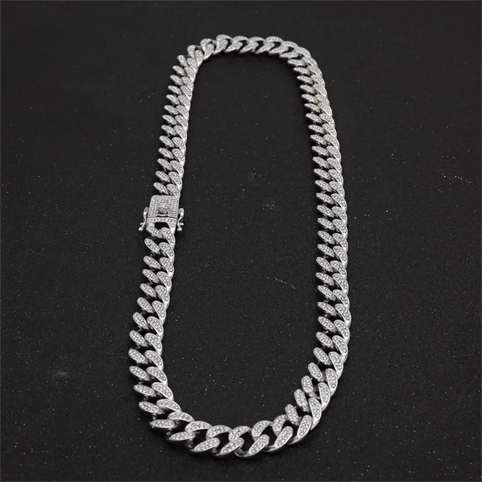 Silver Necklace 13 мм, кубинское ожерелье, цепочка в стиле хип-хоп, Ювелирное колье, золотое, серебряное, со стразами, CZ застежка для мужчин, рэппер, модные ожерелья, звено - Окраска металла: Silver Necklace