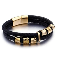 retro gold stainless steel bracelet men braid black leather bracelets bangle rope chain vintage jewelry magnetic buckle pulsera