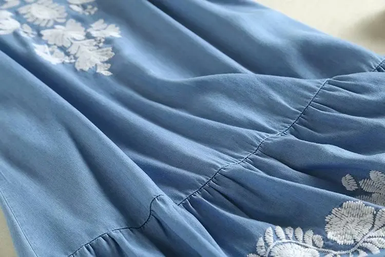 Women Vintage Blue Denim Dress Lady V Neck Flare Sleeve Summer Casual Floral Embroidery Dress Plus Size vestido