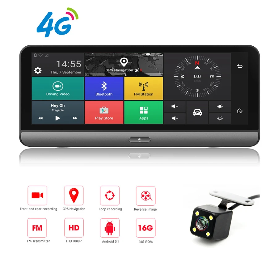 

Видеорегистратор 8 дюймов 4G Wifi Android 5,1 сенсорный IPS Bluetooth видеорегистратор FHD 1080P с двумя объективами навигация мониторинг парковки GPS DVR