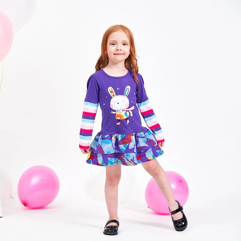Dxton Girls Winter Dress Appliques Flower Kids Clothing Stripes Long Sleeve Princess Dots for Children | Детская одежда и обувь