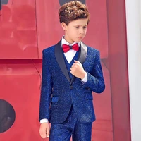 shinny blue one button wedding suits for boy notch lapel suits children party tuxedos boys smoking blazer jacketpantvest