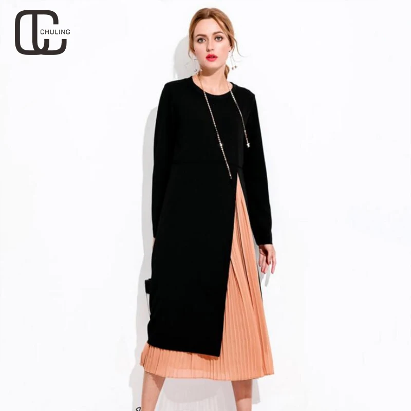 Осень зима Для женщин Двойка плиссированные платья плюс Размеры элегантный для