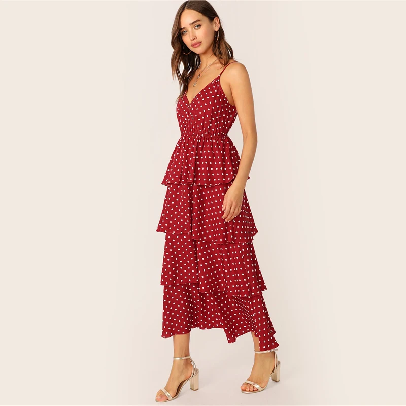 SHEIN Платье На Бретелях С Многослойными Оборками Женское Платье С Рюшами Летние Длинные Платья