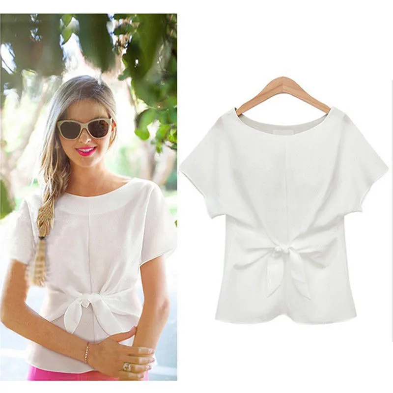 

Plus Size Women Lady Loose Short Sleeve Blouse Bowknot Casual Solid Color Blouse Big Size Loose Shirt Tops Fashion Ladies Blouse