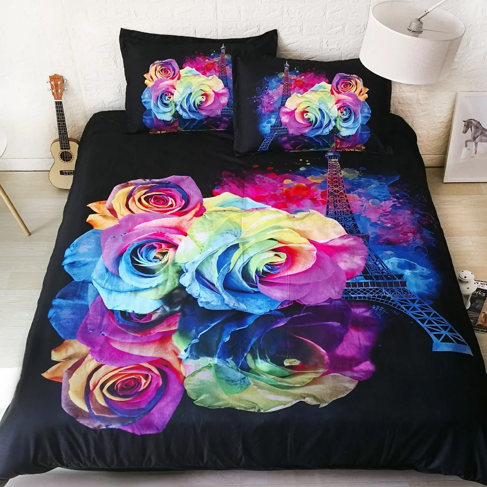 

6 Parts Per Set Paris with Love Rainbow Roses and Tower 3d bedding set