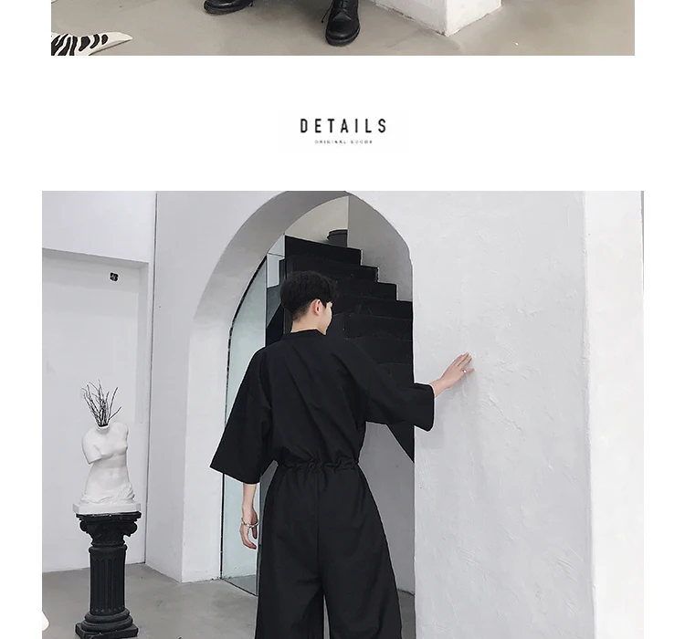 Men summer v neck hip hop punk wide leg cargo pants jumpsuit mens vintage streetwear hairstylist personality jumpsuit trousers