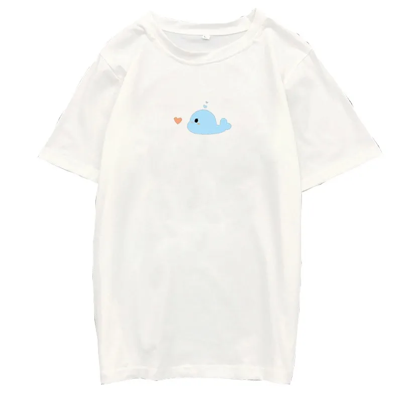 

Dolphin Print Cotton Tshirt Women Harajuku Tumblr Kawaii Cartoon T Shirt Casual Short Sleeve O-neck Tops Outfits Tee Shirt Femme
