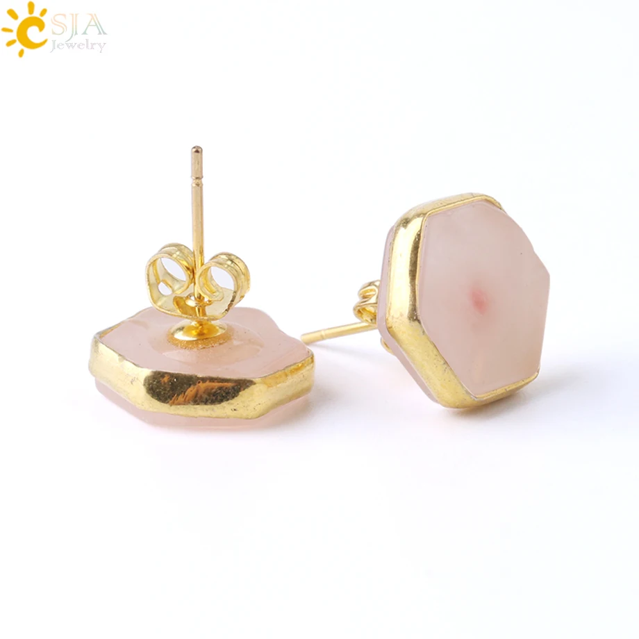 Pink CSJA, винтажные шестигранные серьги-гвоздики, геометрический золотистый, медный, стеклянный камень, простые модные серьги, ювелирные изделия для женщин, девушек, вечерние G032 - Окраска металла: Pink