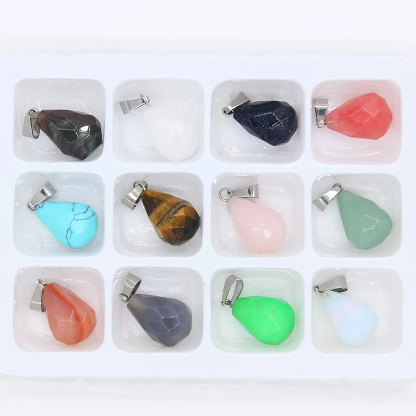 Trendy-beads 12 Pcs Various Style Stones Crystal Quartz Water Drop Faceted Stone Pendant For Christmas Gift