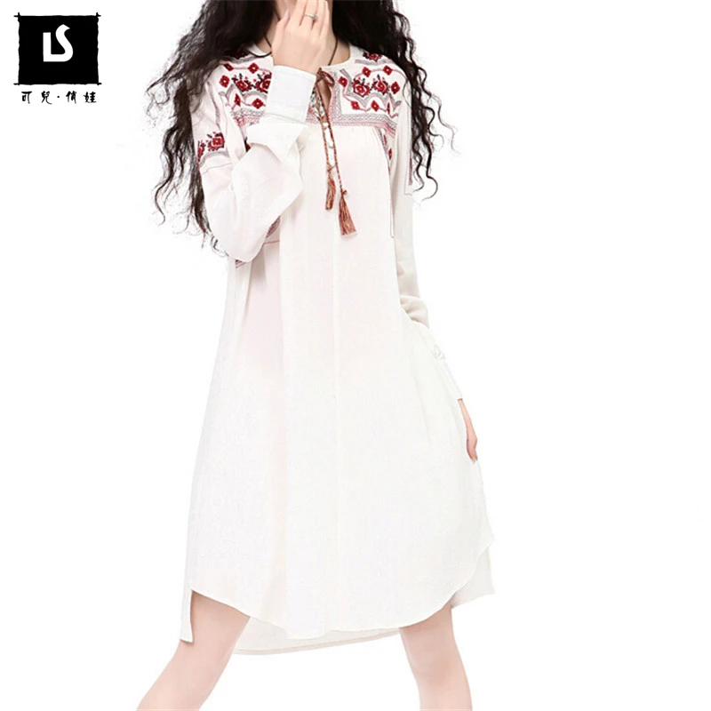 Женское винтажное платье рубашка из хлопка и льна с длинным рукавом|autumn women dress|linen