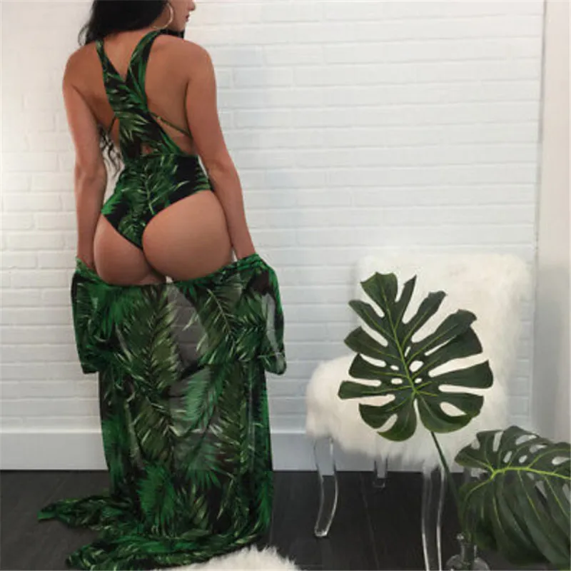 Купальники+ прикрыть Для женщин Robe De Plage пляжный кардиган крышку ИБП зеленый лист боди вырезать ванный комплект Монокини Пляжная одежда