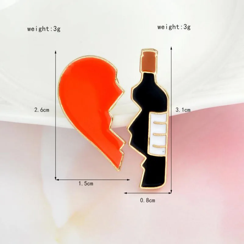 

2 Pieces / Set Broken Heart Wine Bottle Brooch Metal Brooch Badge Button Red Black Denim Jacket Backpack Bag Boyfriend Badgegift
