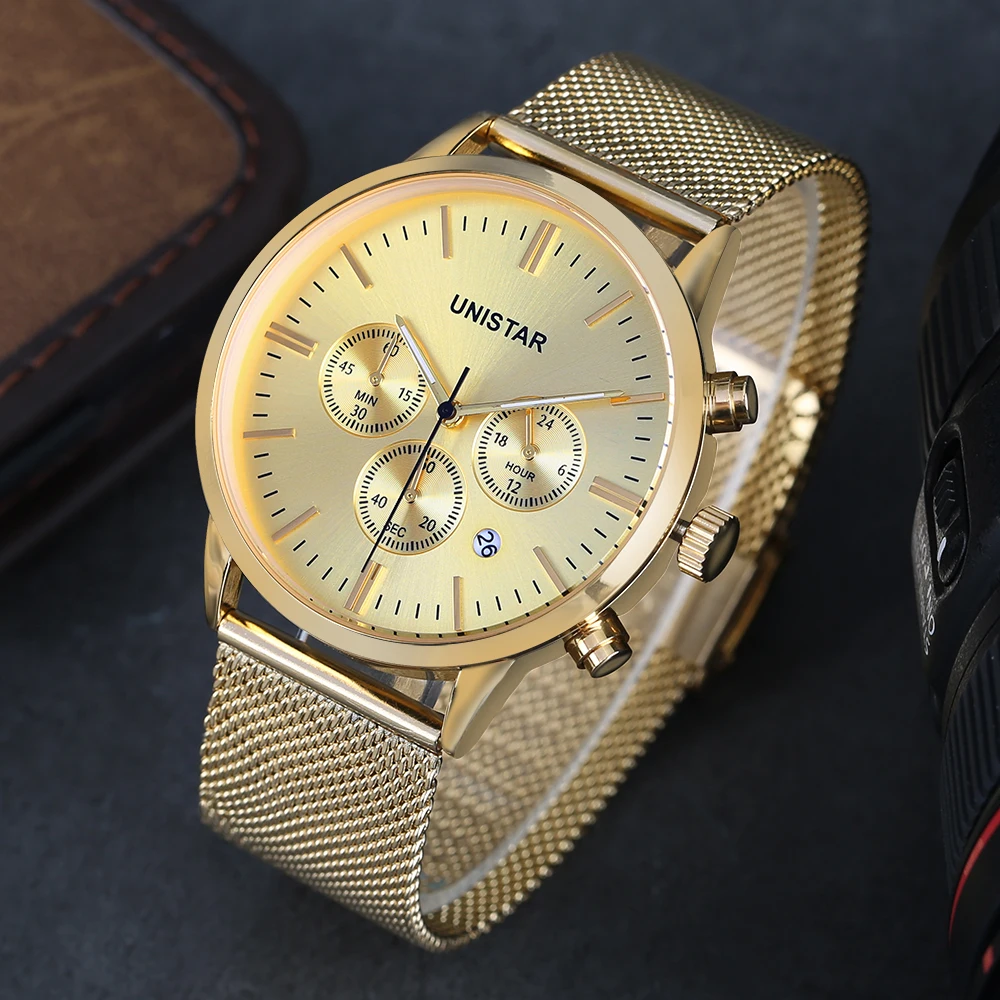 Unistar Роскошные Для мужчин часы Нержавеющая сталь кварцевые Топ человек