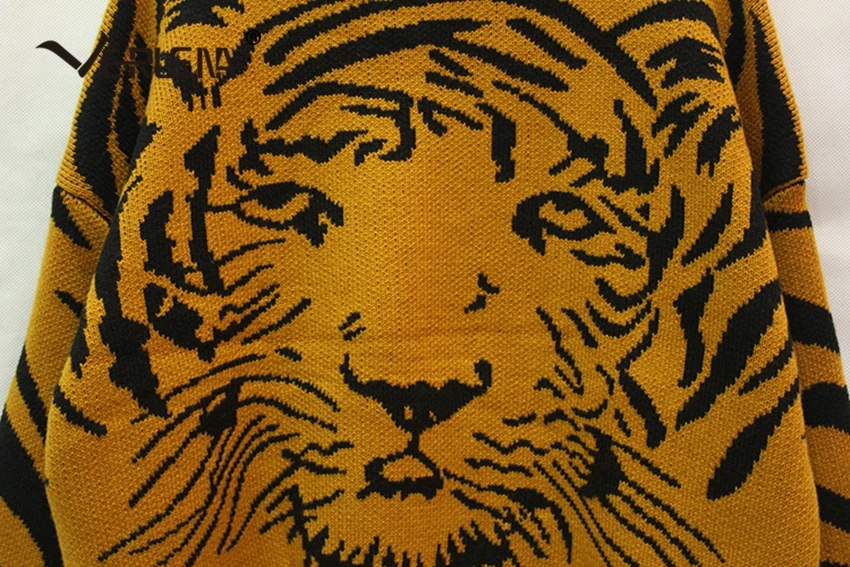 Batwing Sleeve Tiger Pattern Yellow Autumn Sweater Women 2019 Rib Funnel Collar Turtleneck Jumper Wool Oversized Loose Pullover | Женская