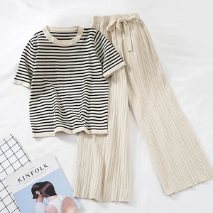 2019 new fashion women's two piece set Loose short-sleeved sweater+ High-waisted wide-leg casual pants knitted  G798
