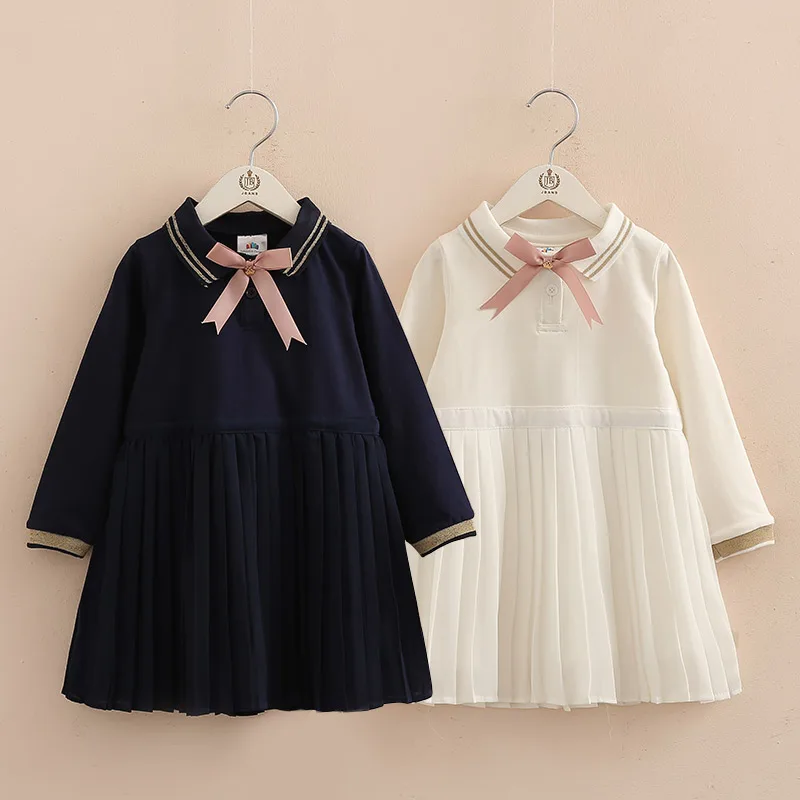 

2023 Spring Autumn 3 4 6 8 10 12 Years Child Preppy Style Princess Bow Knee Length Long Sleeve Student Dress For Kids Baby Girl