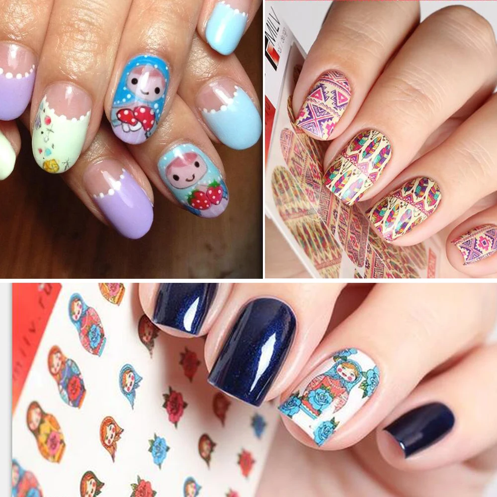 15 листов наклейки для ногтей с изображением кошки/русской куклы/фруктов