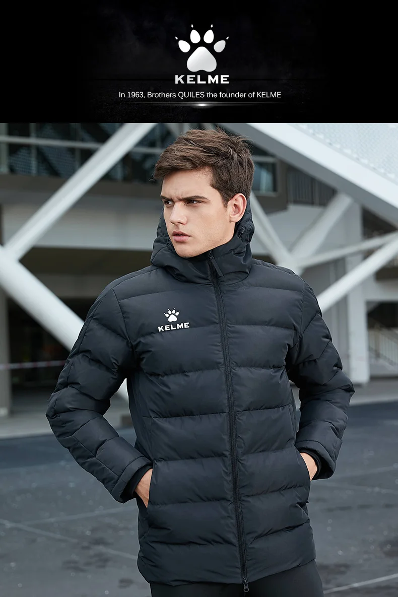 KELME мужская футбольная тренировочная куртка с капюшоном, зимнее теплое пальто, спортивная куртка для тренировок, бега, футбола, 3881405
