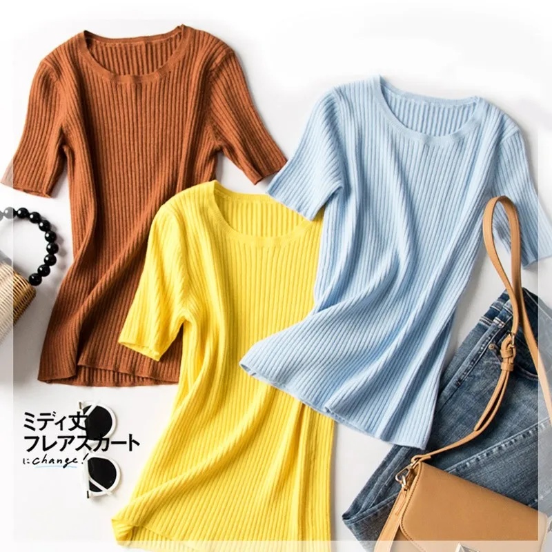 Распродажа летняя женская тонкая эластичная трикотажная футболка в рубчик с