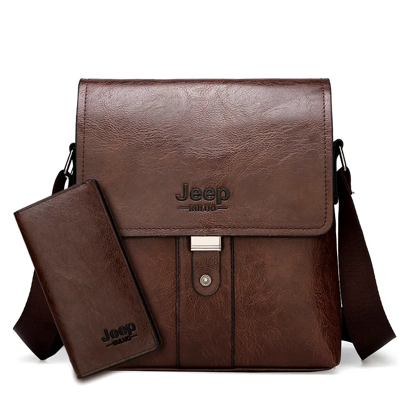 1508-8068-Brown Мужской комплект сумка на плечо jeep buluo, цвет хаки, портфель и кошелек из искусственной кожи, деловая сумка для документов, брендовая сумка, все сезоны - Цвет: 1508-8068-Brown