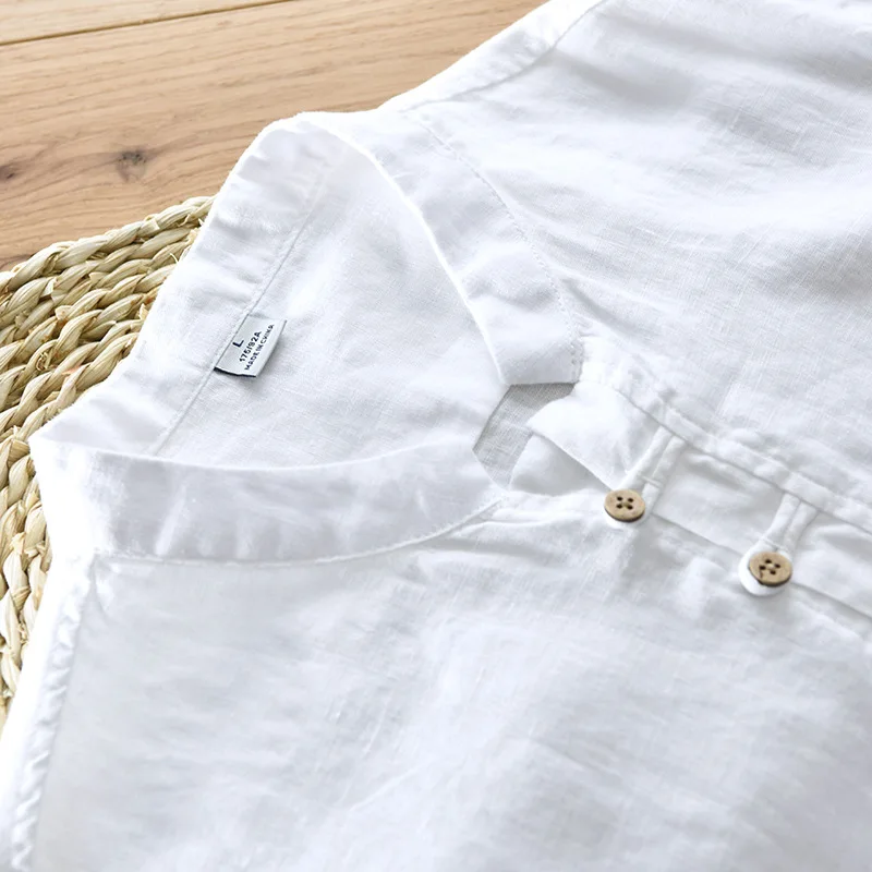 Рубашка Мужская льняная с воротником стойкой белая 100%|chemise homme|linen shirts menflax shirt men |