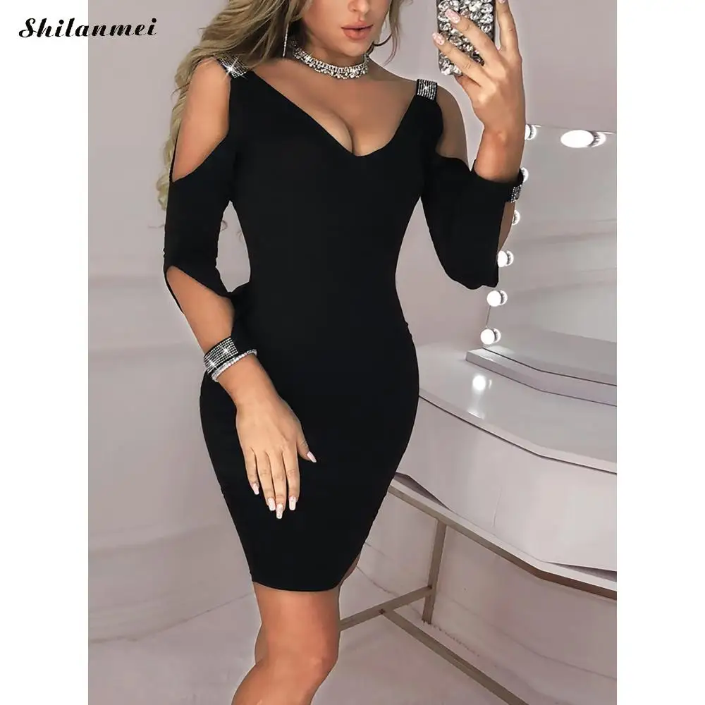 Пикантные платье с открытыми плечами для клуба женское тонкий блесток Bodycon