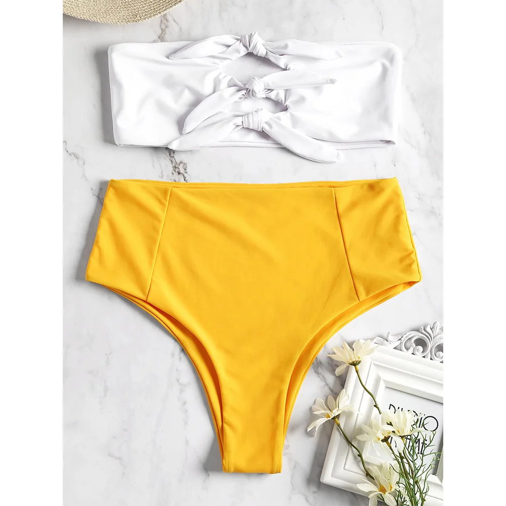 ZAFUL два тона завязанный высокая Талия бикини без бретелек бандо комплект пляж