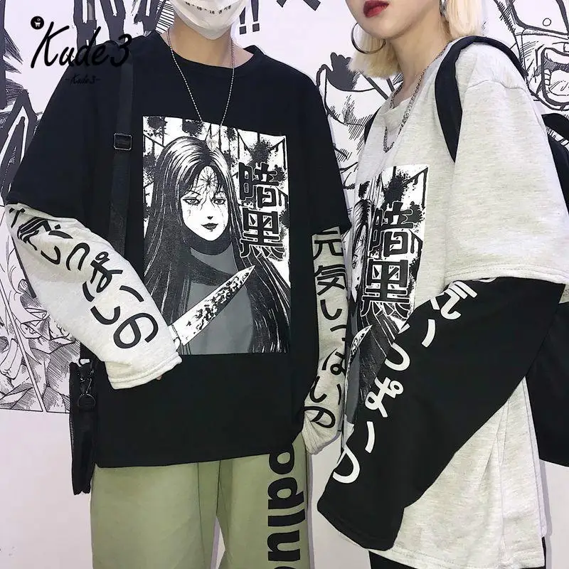 Harajuku японского аниме печати для женщин толстовка Поддельные 2 шт. О образным
